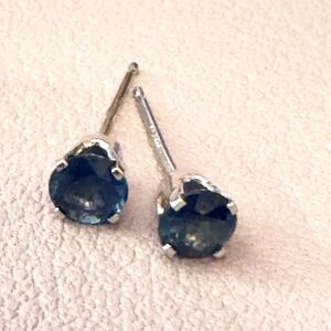 Natural Blue Diamond Studs (1/4 ct), 14K white gold.